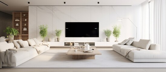 A spacious, contemporary white living room featuring a large screen TV as the focal point. The room is furnished with modern pieces, creating a sleek and minimalistic aesthetic.