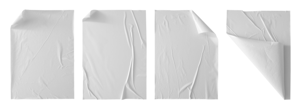 crumpled white paper texture , wrinkled poster template ,blank glued creased paper sheet mockup. white poster mockup on wall. empty paper mockup png, clipping path.