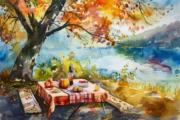 Papier Peint photo Lavable Couleur miel watercolor landscape with trees 