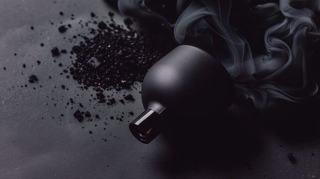 Male care product with black snones and smoke