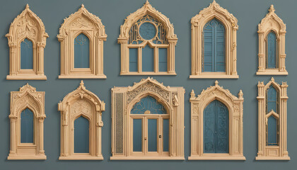 a set of different shapes and sizes of windows, decorative panels, islamic interior design, decorative ornament, ornamental edges, minarats, large motifs, art deco motifs, detailed ornaments, graphic