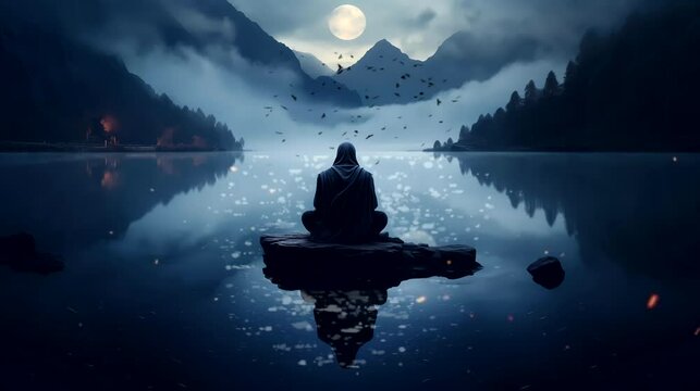 A hermit deep in meditation on the tranquil shores of a secluded lake. Looping 4k video animation background