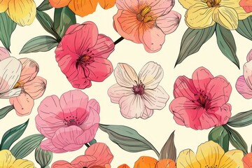 Fototapeta na wymiar Background Texture Pattern - Spring Cel-Shaded Blossoming Flowers - Color Palette of soft pinks, bright yellows, and fresh greens created with Generative AI Technology