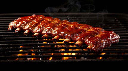 Sizzling american bbq ribs on charcoal grill, smoke rising from juicy meat as it cooks outdoors