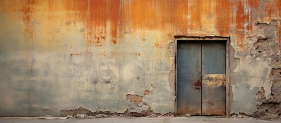 The image shows an abandoned building with a weathered blue door and a rusted wall. The deteriorating facade indicates neglect and the passage of time.