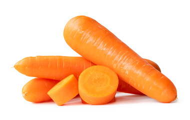 Front view or side view of beautiful fresh orange carrot roots with slices in stack isolated on white background with clipping path
