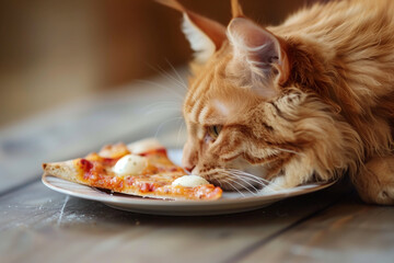 A cat is eating a slice of pizza on a plate. The cat is looking at the camera with a curious expression - obrazy, fototapety, plakaty