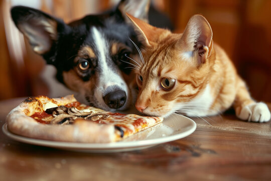 A dog and a cat are laying on a table with a pizza in front of them. The dog is looking at the pizza with its mouth open, while the cat is looking at the dog. The scene is playful and lighthearted