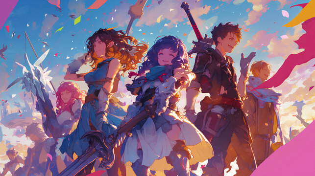 group of 4 anime people with their respective weapons