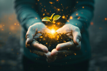 A person is holding a small plant in their hand. The plant is surrounded by a glowing light, giving it a sense of life and growth. The image conveys a feeling of nurturing and care for the plant - obrazy, fototapety, plakaty