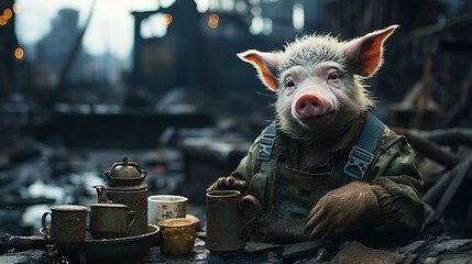 A pig is sitting at a table with cups and a teapot