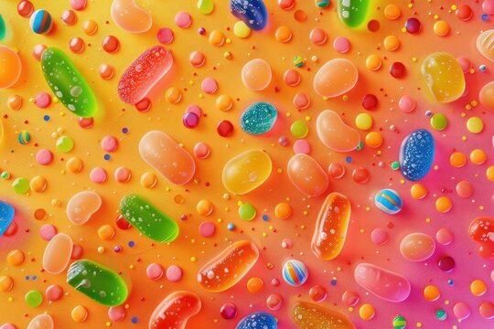  abundance of colorful candies, from jelly beans to hard candies, scattered across a vibrant background. Each candy is detailed and glossy, looking irresistibly tasty. 8k
