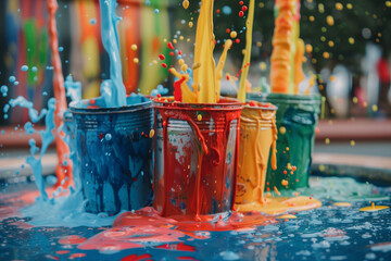 A splash of paint in the air, with four different colored paint cans scattered around. The colors...