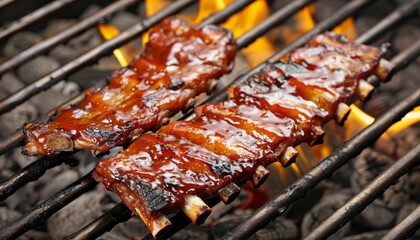 Succulent bbq ribs sizzle on grill, smoke rising from juicy meat cooking over natural charcoal fire.