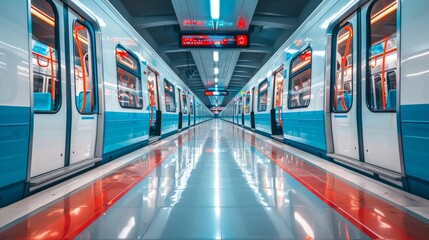 Obraz premium Spacious subway car interior with empty seats, handrails, and room for passengers.