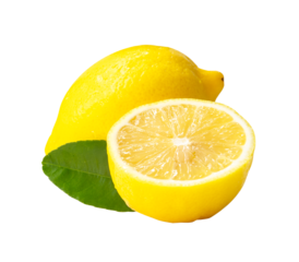 Front view of yellow lemon fruit with half and leaf isolated with clipping path in png file format