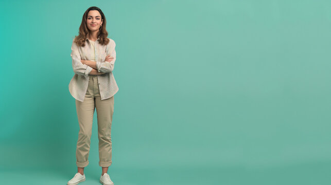 Full body photo of cool satisfied glad lady stand with folded arms wear khaki clothes isolated on teal color background professional photography