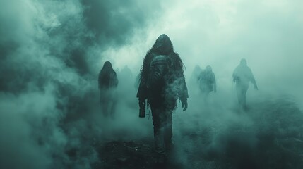 A group of people are walking through a foggy, misty forest - obrazy, fototapety, plakaty