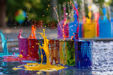 A splash of paint in the air, with four different colored paint cans scattered around. The colors are red, yellow, blue, and green. Concept of creativity and artistic expression