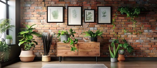 A contemporary living room featuring a textured brick wall, a sleek commode, black-framed pictures, and an array of potted plants adding a touch of greenery to the space.
