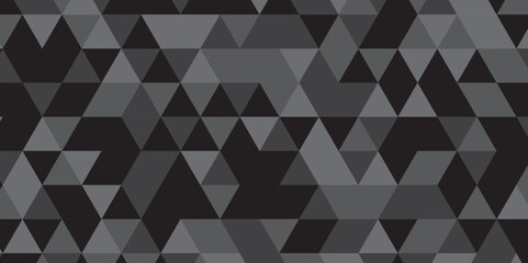 	
Abstract geometric black and gray background seamless mosaic and low polygon triangle texture wallpaper. Triangle shape retro wall grid pattern geometric ornament tile vector square element.