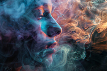 A woman's face is shown with smoke and fire surrounding her. Concept of chaos and destruction, as the smoke and fire seem to be engulfing the woman's face
