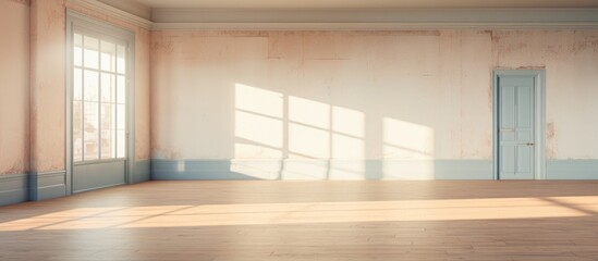 An interior view of an empty room featuring a door and windows. The room appears unoccupied with no furniture present. Light streams in through the windows, illuminating the space.