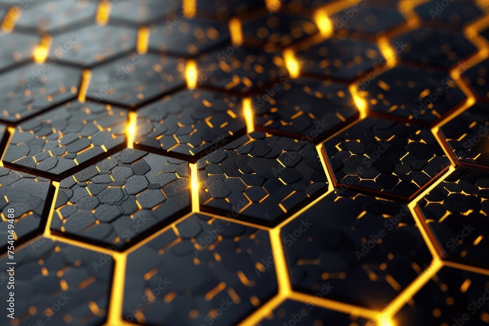 Poster an image showcasing a seamless pattern of hexagonal shapes in a luxurious black metal texture