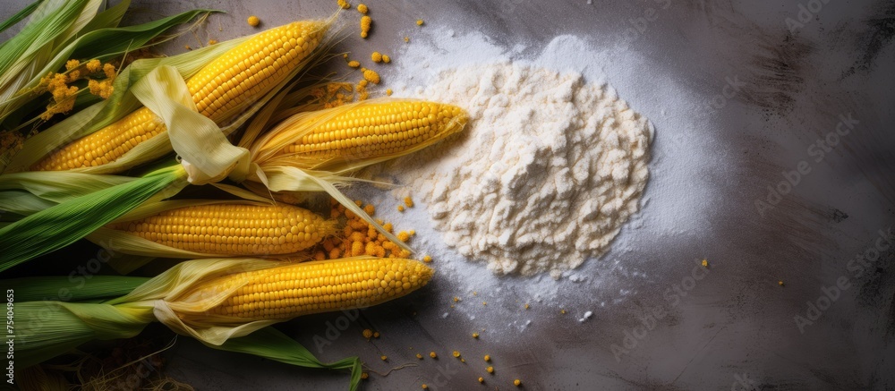Poster a top view of fresh corn on the cob and a mound of corn flour displayed on a concrete tabletop. the 