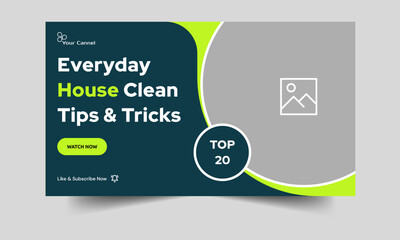 Trendy cleaning services video thumbnail and banner design template. Home, office, hospital, restaurant, garden cleaning tips and tricks video thumbnail design, editable vector eps 10 file format