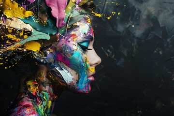 A woman with a colorful face paint. The colors are bright and vibrant, giving the impression of a fun and playful mood