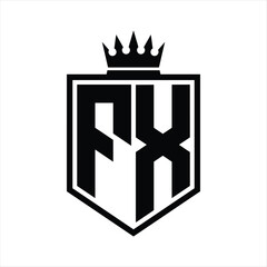 FX Logo monogram bold shield geometric shape with crown outline black and white style design