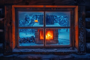a picture of a modest log cabin's warm inside as seen through icy windows outside. 