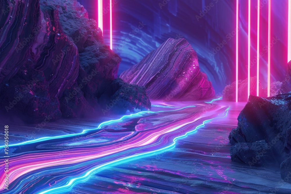 Poster an image showcasing a surreal landscape of wavy marble patterns illuminated by iridescent neon light