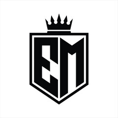 EM Logo monogram bold shield geometric shape with crown outline black and white style design