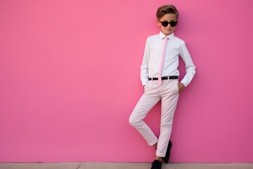 In a business casual outfit, the kid model strikes a pose against a solid pink wall, exuding confidence and charisma.