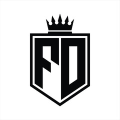 FD Logo monogram bold shield geometric shape with crown outline black and white style design