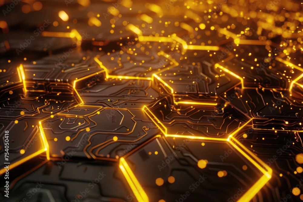 Poster an image where golden light lines pulse along the edges of hexagonal shapes on a black metal backgro