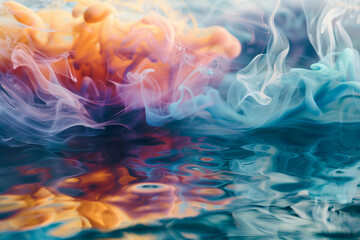 A colorful smoke trail in the water, with the smoke being a mix of red, yellow, and blue. The smoke is floating on the surface of the water, creating a beautiful and mesmerizing effect - obrazy, fototapety, plakaty