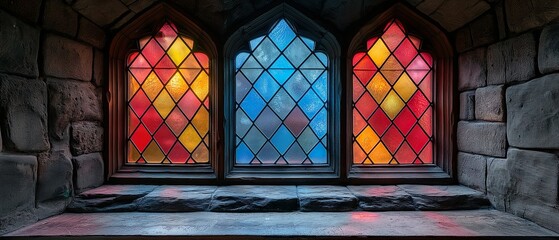 Windows with colored stained glass from the Middle Ages. Generated AI
