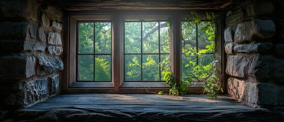 Wooden window overlooking the garden in a medieval house. Generated AI