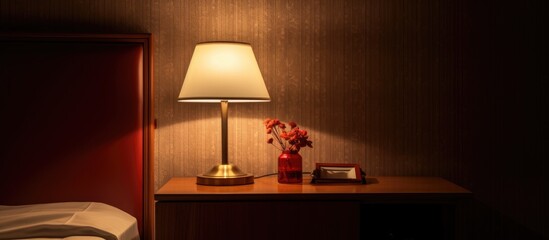 A night scene in a hotel room featuring a lamp positioned on a nightstand next to a bed. The lamp emanates soft light, casting a warm glow in the room.
