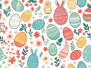 Seamless pattern with Easter eggs, rabbits and flowers. Vector illustration.