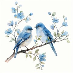 Watercolor bluebirds on a branch with flowers. Illustration.