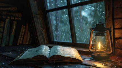 An individual reading a book by the light of a lantern in a cozy attic while a storm rages outside,...
