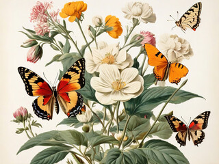 Vintage floral background with wildflowers and butterflies. Hand drawn illustration.
