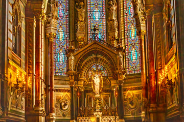 Mary Statue Altar Stained Glass Basilica Notre Dame Lyon France - obrazy, fototapety, plakaty