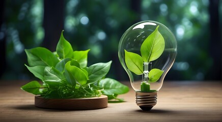 Warm green backdrop with a lightbulb surrounded by sunshine and a shining lightbulb with leaves within, all isolated against a copy space-filled background. notion of renewable energy, efficiency, 