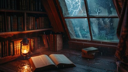 An individual reading a book by the light of a lantern in a cozy attic while a storm rages outside, raindrops streaking the window. 8k
