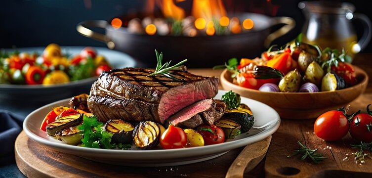 Grilled beef, dinner, vegetables. Succulent grilled beef surrounded by colorful roasted vegetables displayed on a rustic wooden board.